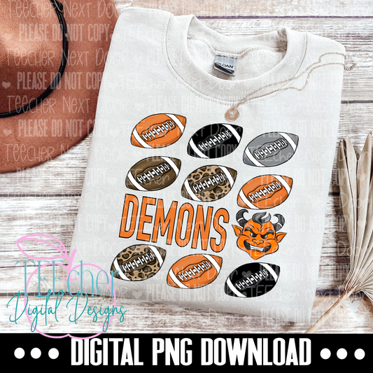 Demons Mascot Orange & Black Repeat Football PNG